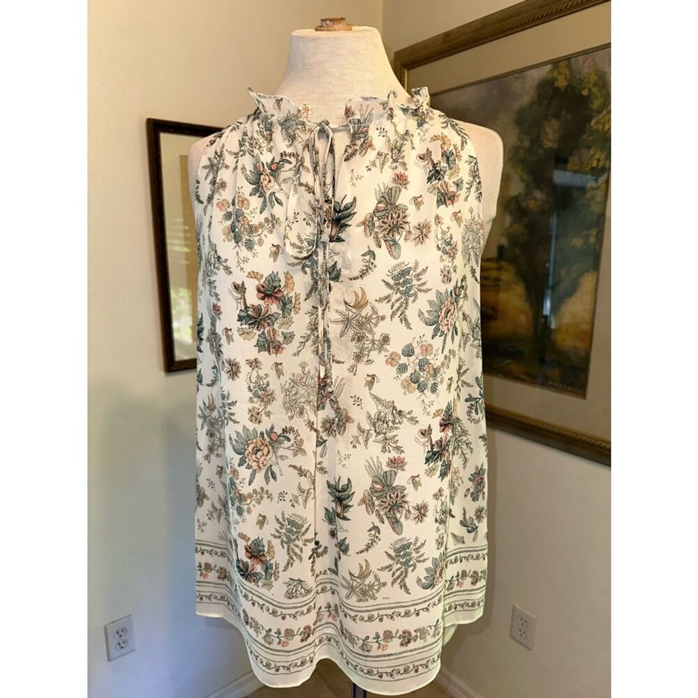 MAX STUDIO Floral Ruffle Tie-Neck Boho Sleeveless Top - Cream/Green Size XS